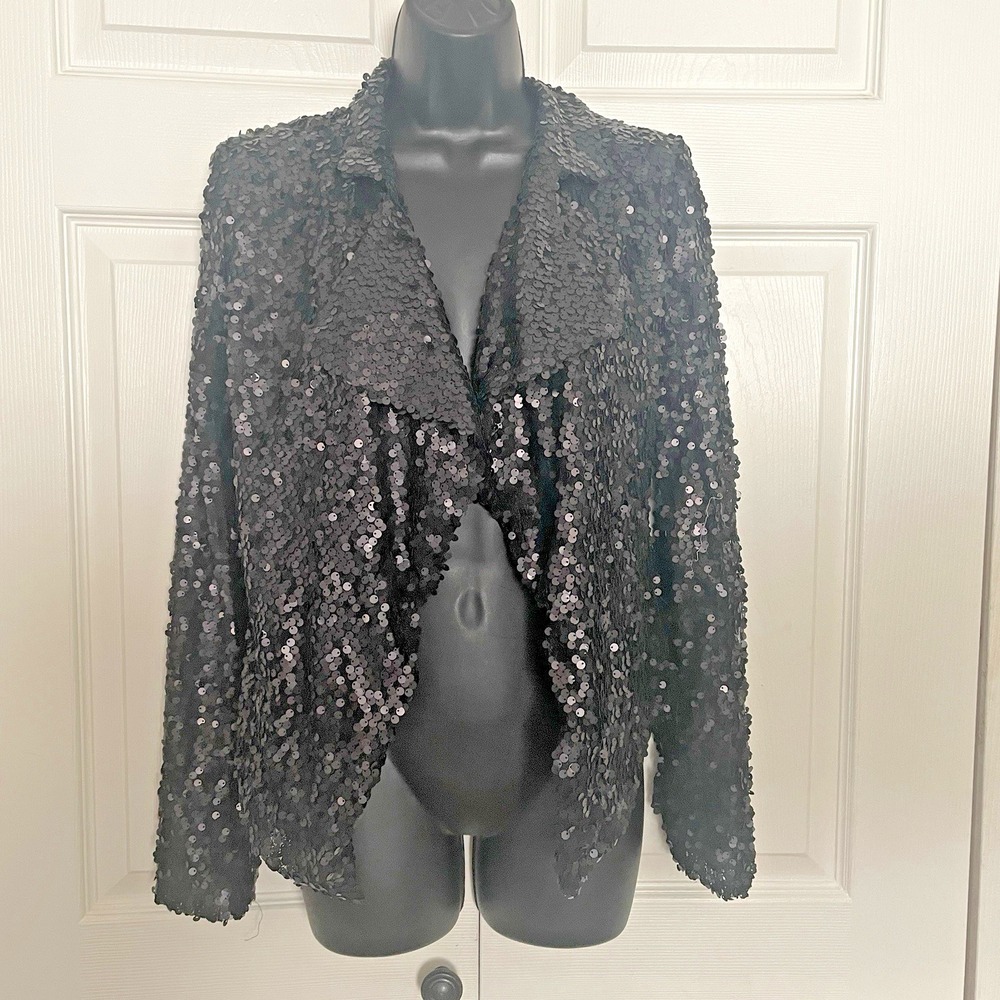 Miss Me Sequin Blazer Jacket Womens S Black Open Waterfall Front Party Evening